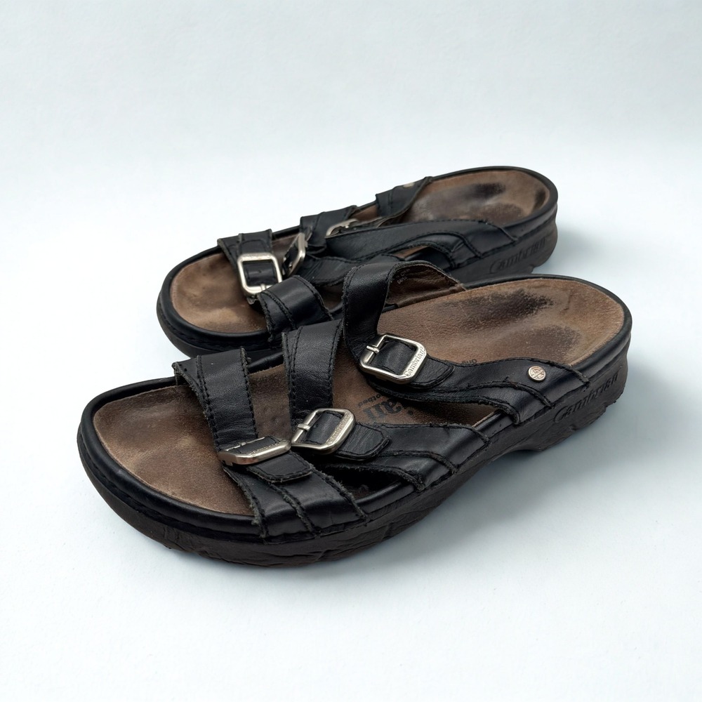Cambrian Women Black Leather Comfort Slide Sandals Multi Strap Buckle 8.5D 67012